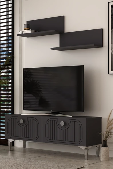 Dekortis Home Dekor 120DHDTÜR3AG HERA LAZER DESENLİ RAFLI TV SEHPASI,ÜNİTESİ ANTRASİT-GÜMÜŞ ürün görseli 1