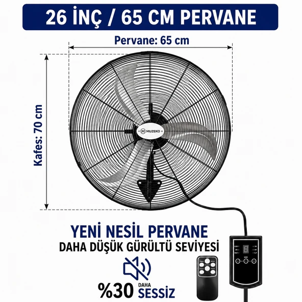 MUZEKO MZK650 26 ınç 65cm 180W KUMANDALI DUVAR TİPİ SANAYİ VANTİLATÖR EVDE KULLANIM İÇİN UYGUN DEĞİLDİR ürün görseli 1