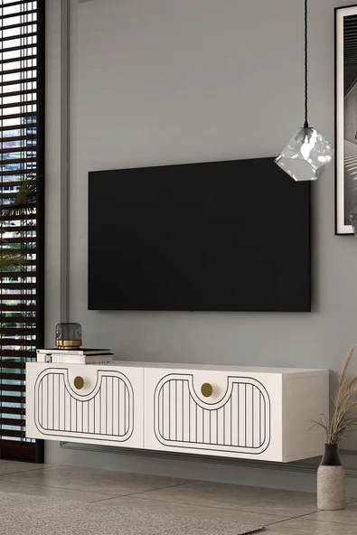 Dekortis Home Dekor 120DHDTDA3BA HERA LAZER DESENLİ DUVARA MONTE TV SEHPASI BEYAZ-ALTIN ürün görseli 1