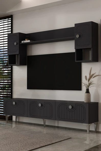 Dekortis Home Dekor 180DHDTÜ3AG HERA LAZER DESENLİ TV ÜNİTESİ ANTRASİT-GÜMÜŞ ürün görseli 1