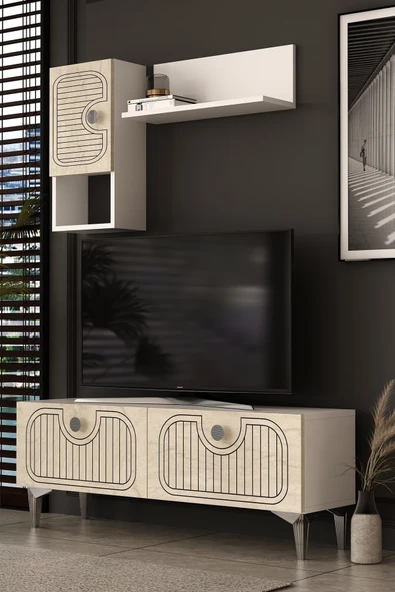 Dekortis Home Dekor 120DHDTDR3BTG HERA LAZER DESENLİ RAFLI TV SEHPASI, ÜNİTESİ BEYAZ-TRAVERTEN-GÜMÜŞ ürün görseli 1