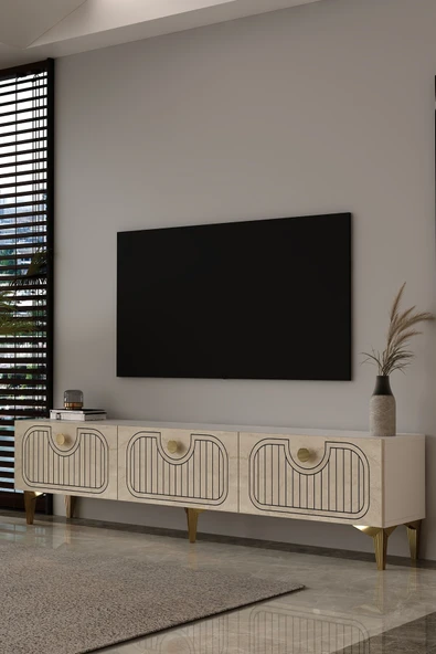 Dekortis Home Dekor 180DHDTS3BTA HERA LAZER DESENLİ TV SEHPASI,ÜNİTESİ BEYAZ-TRAVERTEN-ALTIN ürün görseli 1
