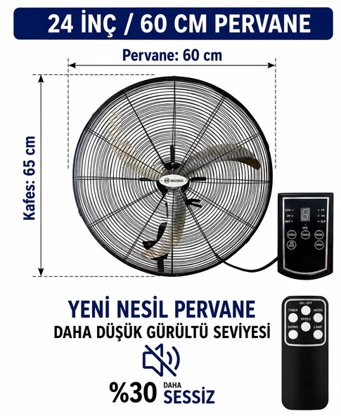 MUZEKO MZK600 24 ınç 60cm 160W KUMANDALI DUVAR TİPİ SANAYİ VANTİLATÖR EVDE KULLANIM İÇİN UYGUN DEĞİLDİR ürün görseli 1