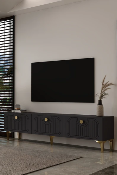 Dekortis Home Dekor 180DHDTS3AA HERA LAZER DESENLİ TV SEHPASI,ÜNİTESİ ANTRASİT-ALTIN ürün görseli 1