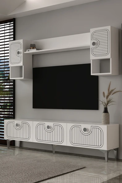 Dekortis Home Dekor 180DHDTÜ3BG HERA LAZER DESENLİ TV ÜNİTESİ BEYAZ-GÜMÜŞ ürün görseli 1