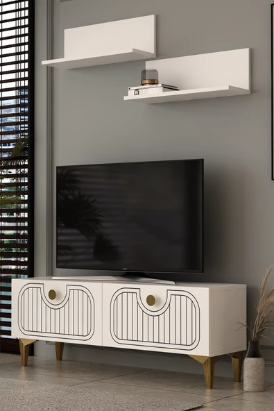 Dekortis Home Dekor 120DHDTÜR3BA HERA LAZER DESENLİ RAFLI TV SEHPASI,ÜNİTESİ BEYAZ-ALTIN ürün görseli 1
