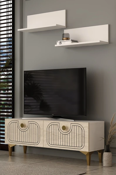 Dekortis Home Dekor 120DHDTÜR3BTA HERA LAZER DESENLİ RAFLI TV SEHPASI,ÜNİTESİ BEYAZ-TRAVERTEN-ALTIN ürün görseli 1