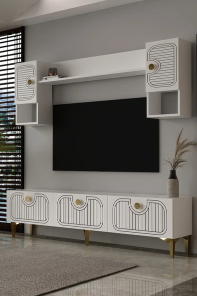 Dekortis Home Dekor 180DHDTÜ3BA HERA LAZER DESENLİ TV ÜNİTESİ BEYAZ-ALTIN ürün görseli 1