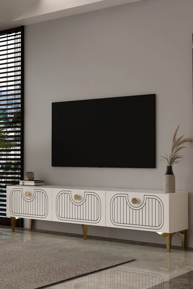 Dekortis Home Dekor 180DHDTS3BA HERA LAZER DESENLİ TV SEHPASI,ÜNİTESİ BEYAZ-ALTIN ürün görseli 1