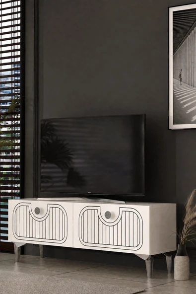Dekortis Home Dekor 120DHDTS3BG HERA LAZER DESENLİ TV SEHPASI BEYAZ-GÜMÜŞ ürün görseli 1