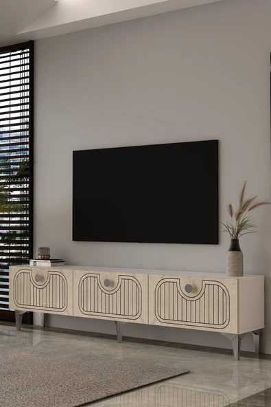 Dekortis Home Dekor 180DHDTS3BTG HERA LAZER DESENLİ TV SEHPASI,ÜNİTESİ BEYAZ-TRAVERTEN-GÜMÜŞ ürün görseli 1