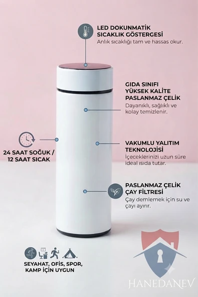 Akıllı Led Gösterge Dereceli Termos Dijital Sıcaklık Göstergeli Paslanmaz Çelik Termos 500 ML Beyaz ürün görseli 1