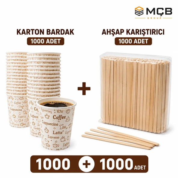 1000 Adet Karton Bardak + 1000 Adet Ahşap Karıştırıcı Seti | Tek Kullanımlık Çay Kahve Bardağı ve Karıştırıcı ürün görseli 1