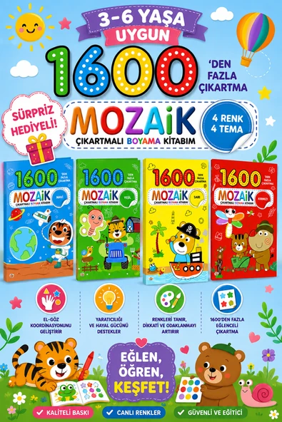 3-6 Yaşa Uygun Mozaik Çıkartmalı Boyama Kitabım 4 Kitap (1600'dan fazla Çıkartma) ürün görseli 1