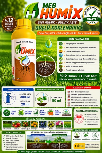 Mebor Humix Sıvı Humik Fulvik Asit %12 1 Lt Güçlü Köklendirici ve Her Türlü Bitki İçin Toprak Düzenleyici ürün görseli 1