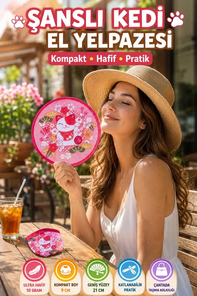 Şanslı Kedi Desenli Katlanabilir El Yelpazesi Kılıflı Yuvarlak Cep Yelpazesi Japon Stili Pratik ürün görseli 1
