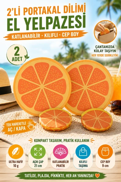 2'li Portakal Desenli Katlanabilir El Yelpazesi Kılıflı Cep Yelpaze Yuvarlak Pratik Yazlık Aksesuar ürün görseli 1