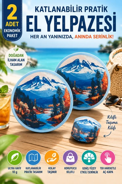 2'li Dağ Manzaralı Katlanabilir El Yelpazesi Kılıflı Yuvarlak Cep Yelpazesi Pratik Otomatik Açılır ürün görseli 1
