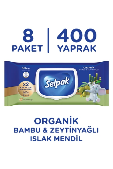 Selpak ® Organik Bambu Özlü & Organik Zeytinyağlı Islak Mendil 8'li 400 Yaprak ürün görseli 1