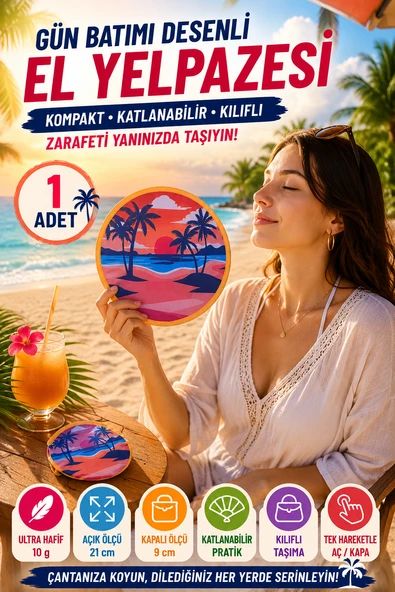 Gün Batımı Palmiye Desenli Katlanabilir El Yelpazesi Kılıflı Yuvarlak Cep Yelpazesi Pratik ürün görseli 1