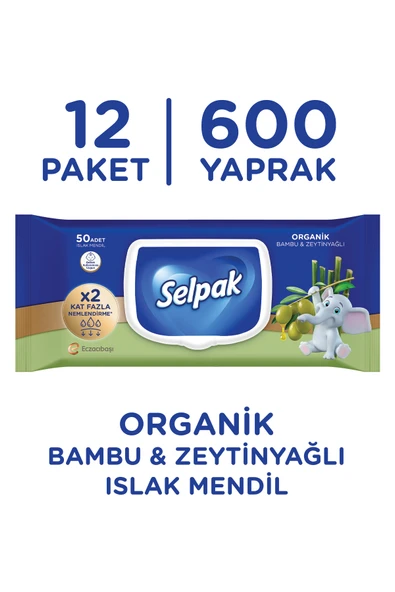 Selpak ® Organik Bambu Özlü & Organik Zeytinyağlı Islak Mendil 12'li 600 Yaprak ürün görseli 1