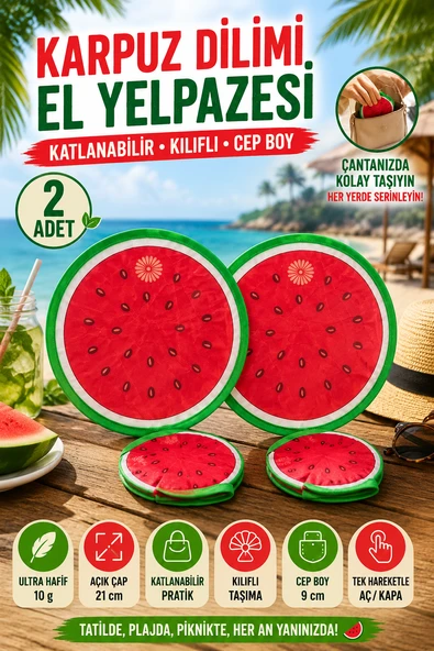 2'li Karpuz Desenli Katlanabilir El Yelpazesi Kılıflı Cep Yelpazesi Yuvarlak Pratik Yazlık Mini Aksesuar ürün görseli 1