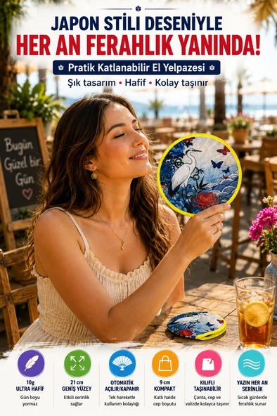 Japon Stili Katlanabilir El Yelpazesi Kılıflı Yuvarlak Cep Yelpazesi Kuş Kelebek Desenli Pratik ürün görseli 1
