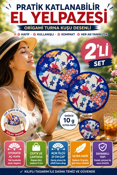 2'li Origami Turna Kuşu Desenli Katlanabilir El Yelpazesi Kılıflı Yuvarlak Cep Yelpazesi Yazlık Pratik ürün görseli 1