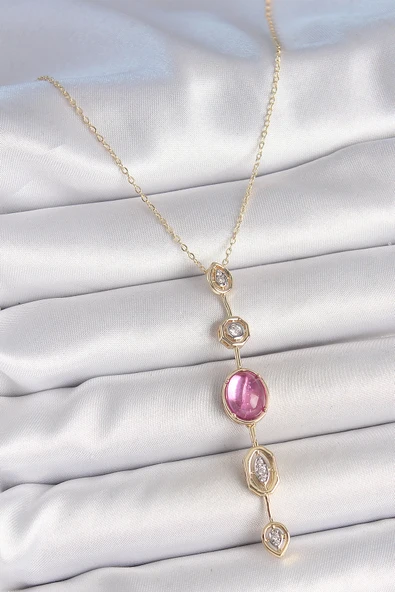 Pirinç Zincir Gold Renk Pembe Zirkon Taşlı Y Kolye ürün görseli 1