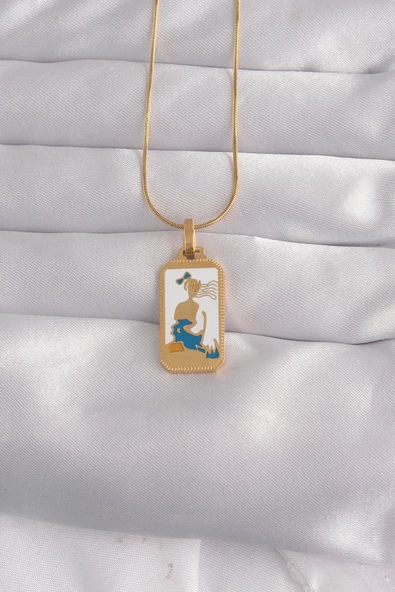 316L Çelik Gold Renk Beyaz Mineli Kız Figür Tarot Kolye ürün görseli 1