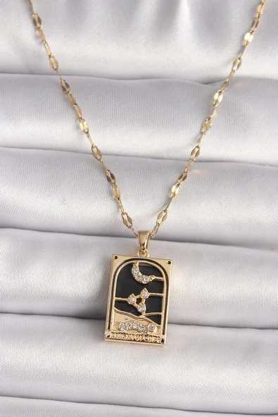 316L Çelik Gold Renk Zirkon Taşlı Ay Figürlü Tarot Model Kadın Kolye ürün görseli 1