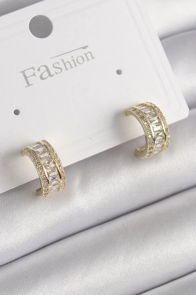 Pirinç Gold Renk Zirkon Taşlı Halka Model Kadın Küpe ürün görseli 1