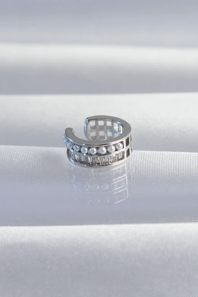 Pirinç Gümüş Renk İncili Baget Taşlı Earcuff Küpe ürün görseli 1