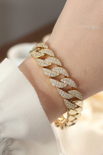 Vip Seri Pirinç Ortası Zirkon Taşlı Gold Renk Gurmet Bileklik ürün görseli 1