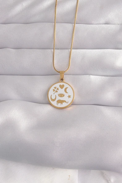316L Çelik Gold Renk Beyaz Mineli Karışık Figürlü Tarot Kolye ürün görseli 1