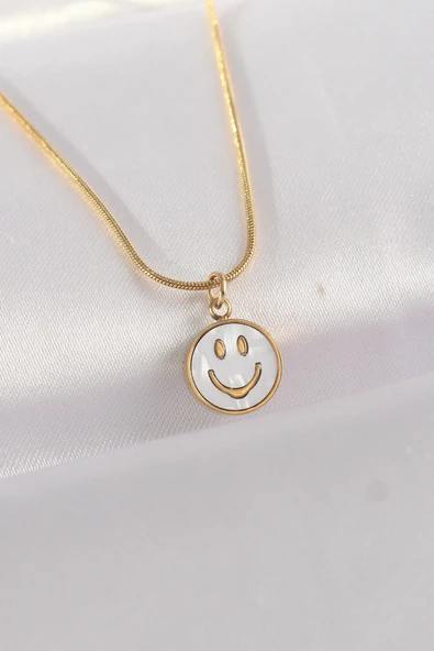 316L Çelik Zincir Altın Renk Mermer Desenli Smile Kolye ürün görseli 1