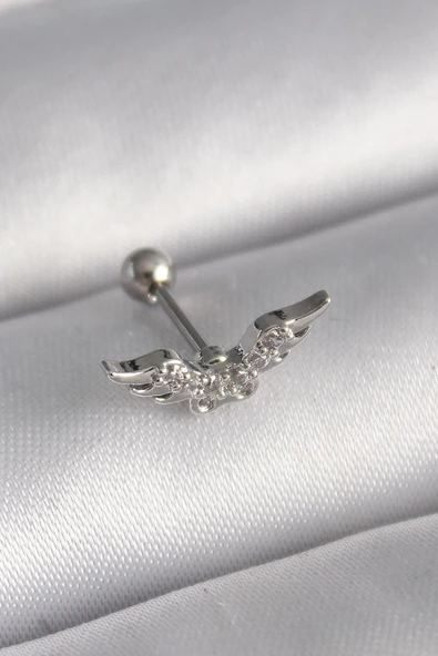 316L Çelik Gümüş Renk Zirkon Taş Detay Kanat Model Tragus Piercing ürün görseli 1