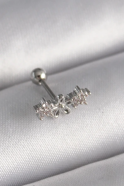 316L Çelik Gümüş Renk Zirkon Taşlı Çiçek Tragus Piercing ürün görseli 1