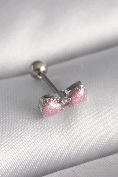 316L Çelik Gümüş Renk Pembe Kurdele Zirkon Taş Detay Tragus Piercing ürün görseli 1