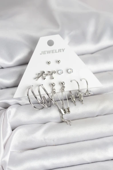 Pirinç Gümüş Renk 6'Lı Kadın Küpe Seti ürün görseli 1
