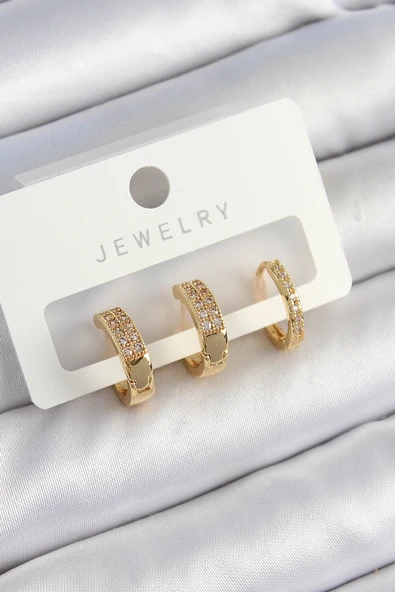 Pirinç Zirkon Taşlı Halka Model Gold Renk 3'Lü Çift Kadın Küpe Set ürün görseli 1