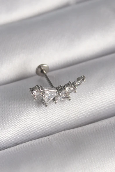 316L Çelik Gümüş Renk Zirkon Taşlı Tragus Piercing ürün görseli 1