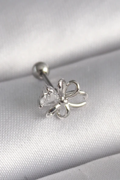 316L Çelik Gümüş Renk Zirkon Taş Detay Kurdele Model Tragus Piercing ürün görseli 1
