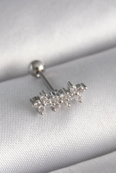 316L Çelik Gümüş Renk Zirkon Taşlı Yonca Tragus Piercing ürün görseli 1