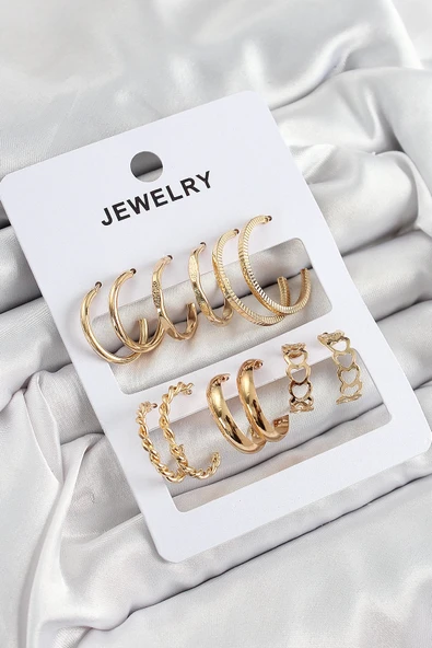 Pirinç Karışık Halka Model Gold Renk 6 Çift Kadın Küpe Set ürün görseli 1