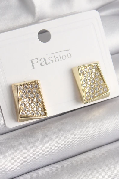 Pirinç Gold Renk Zirkon Taşlı Plaka Model Kadın Küpe ürün görseli 1