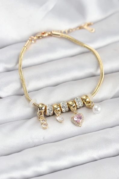 Pirinç Gold Renk Pembe Charmlı Kadın Bileklik ürün görseli 1