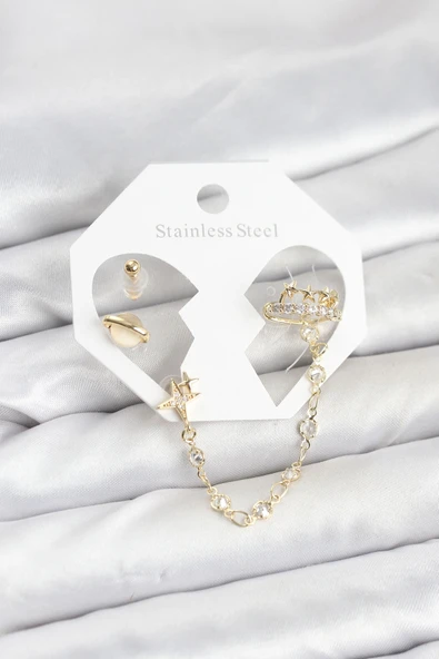 Pirinç Gold Renk Uzay Model Zincir Bağlantılı Ear Cuff Küpe Seti ürün görseli 1