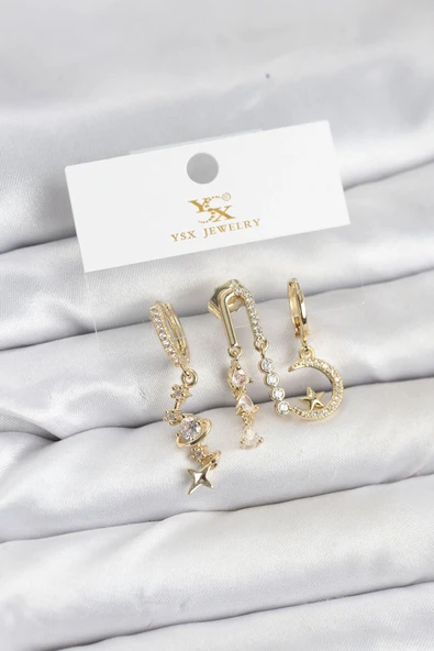 Pirinç Gold Renk Zirkon Taşlı Uzay Model Ysx Trio Küpe Seti ürün görseli 1
