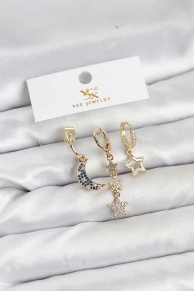 Pirinç Gold Renk Zirkon Taşlı Ay Yıldız Model Ysx Trio Küpe Seti ürün görseli 1